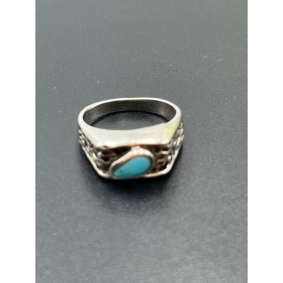Native Vintage Sterling Silver Oval Bezel Turquoise Ring Openwork Band Size 8 - Picture 9 of 15